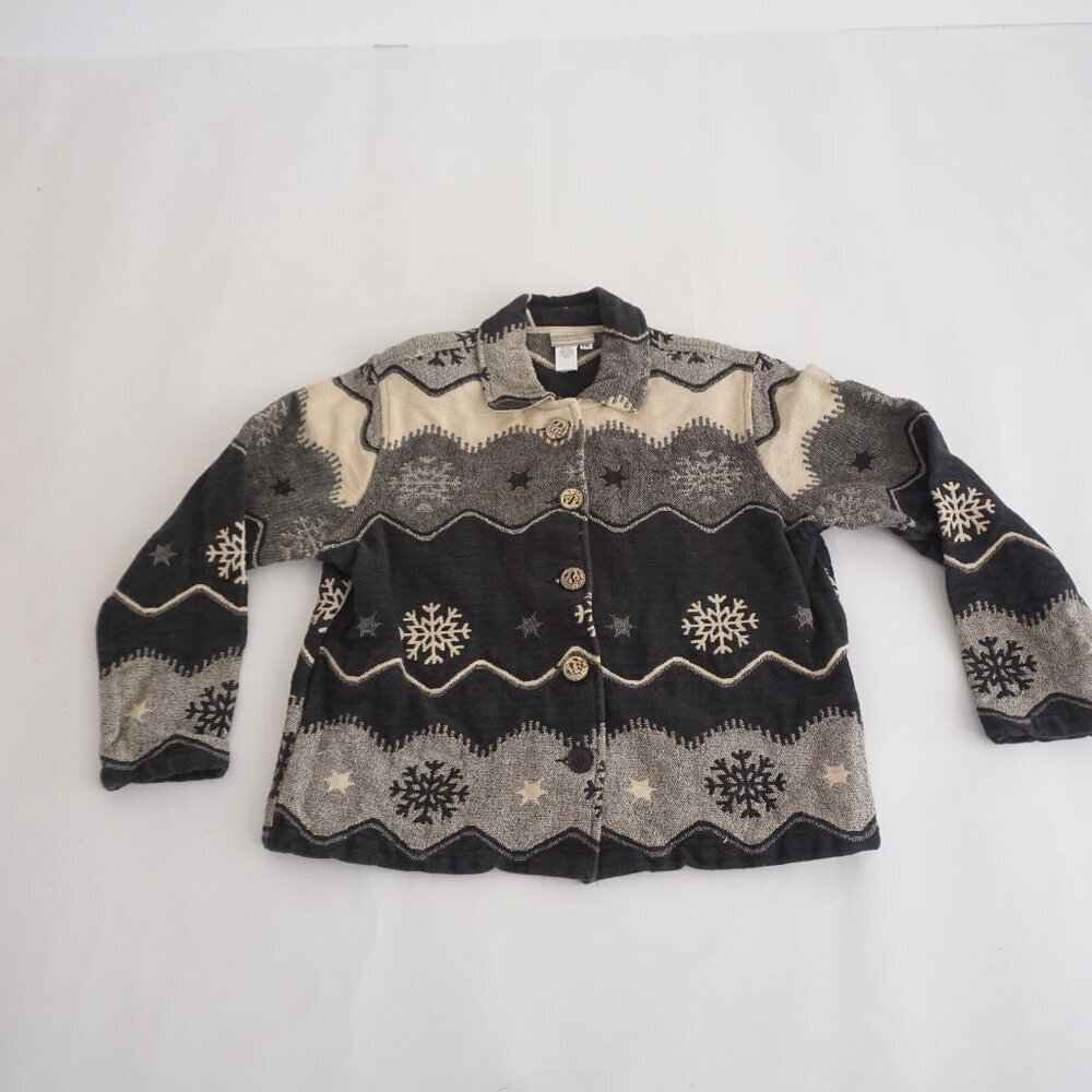 Vintage Coldwater Creek Grey Snowflake Nordic Pattern Button Tapastry Jacket PXL
